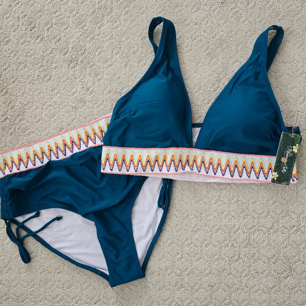 NWT Blue-Green/Teal 2-piece High Waisted Swimsuit with Embroidery